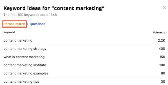 Screenshot from Ahrefs show the YouTube keyword ideas for "content marketing" Screenshot from Ahrefs show the YouTube keyword ideas for "content marketing"