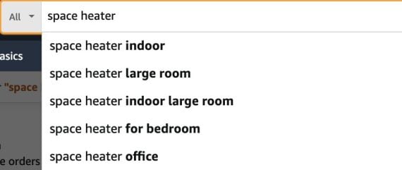 Screenshot of Amazon autocomplete drop-down for "space heater" Screenshot of Amazon autocomplete drop-down for "space heater"