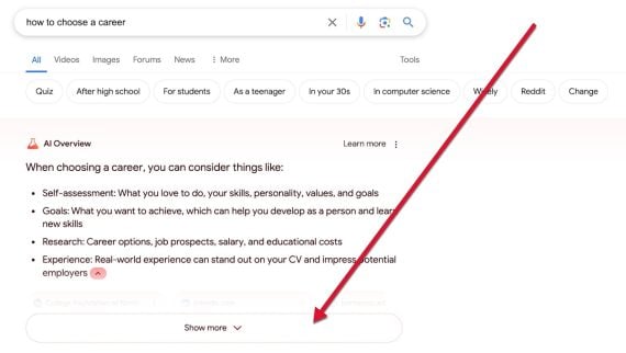 Screenshot of a Google Overview for "how to choose a career" Screenshot of a Google Overview for "how to choose a career"