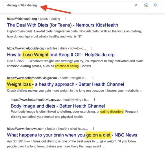 Screenshot of intitle Google search for "dieting" Screenshot of intitle Google search for "dieting"