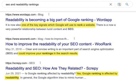 Screenshot of Google search results for "SEO and readability rankings" showing three articles on that topic
