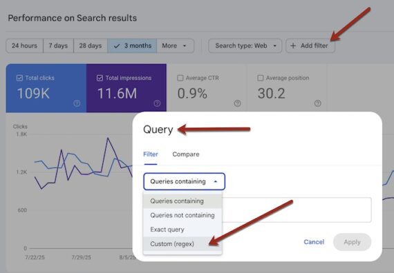 Screenshot of Search Console showing the regex filtering interface