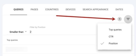 Screenshot of the Search Console "Queries" report