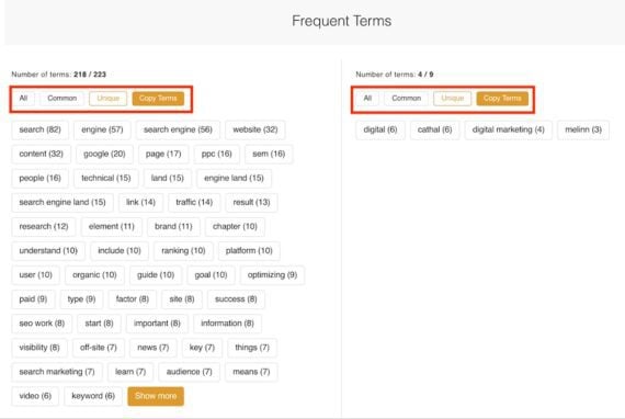 Screenshot of Thruuu's comparison of common, unique terms for two URLs Screenshot of Thruuu's comparison of common, unique terms for two URLs