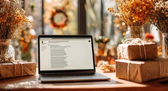 Photo of a laptop computer on a desk with holiday decorations Photo of a laptop computer on a desk with holiday decorations