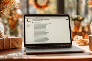Photo of laptop computer on a desk with holiday decorations