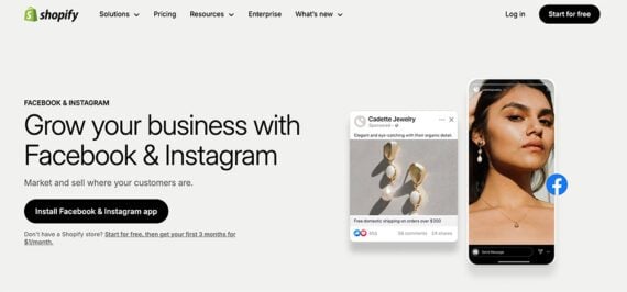 Screenshot of Shopify's page promoting the Facebook and Instagram integrations Screenshot of Shopify's page promoting the Facebook and Instagram integrations