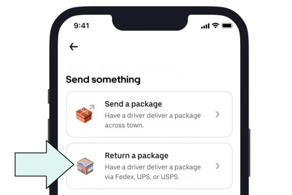 Screenshot of Uber's app on a smartphone showing the "Return a package" option. Screenshot of Uber's app on a smartphone showing the "Return a package" option.