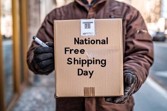 Photo of a delivery person holding a box the reads "National Free Shipping Day" Photo of a delivery person holding a box the reads "National Free Shipping Day"