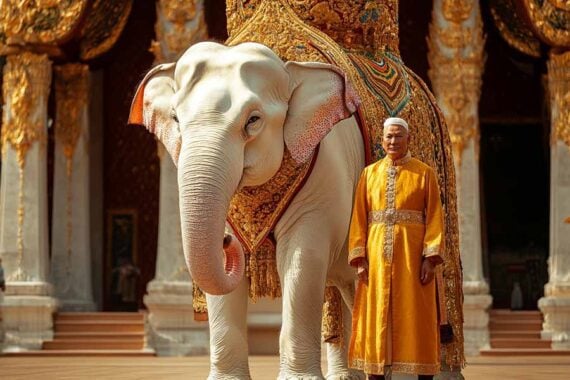 Photo of a king next to a white elephant Photo of a king next to a white elephant