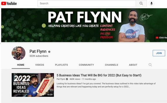 Screenshot of Pat Flynn's YouTube channel Screenshot of Pat Flynn's YouTube channel