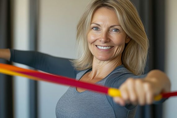 Female exercising using resistance bands