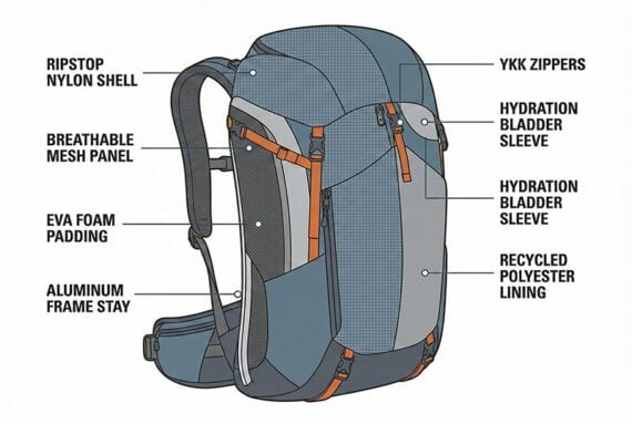 Illustration of a backpack with highlights of its materials. Illustration of a backpack with highlights of its materials.