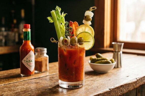 Photo of a Bloody Mary with various garnishes on a bar Photo of a Bloody Mary with various garnishes on a bar