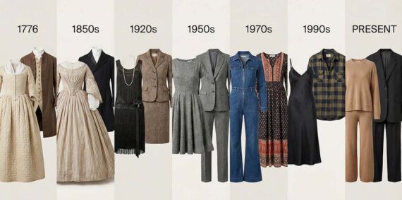 Collage of seven images showing apparel from 1776 to present. Collage of seven images showing apparel from 1776 to present.