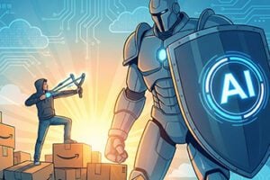 AI image of a man with a slingshot aimed at a giant