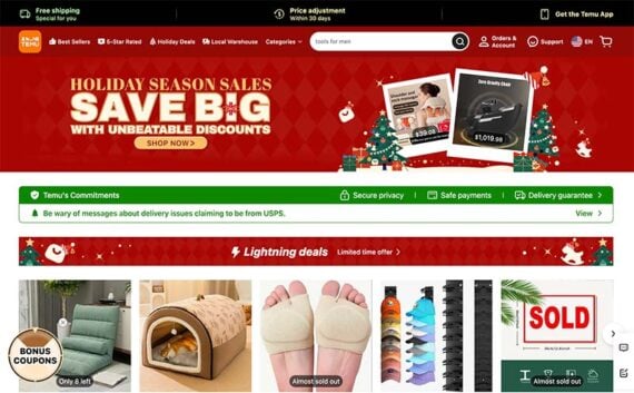 Screenshot of the Temu home page. Screenshot of the Temu home page.