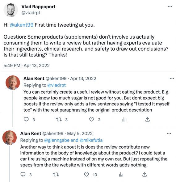 Screenshot of Alan Kent's tweets addressing product reviews. Screenshot of Alan Kent's tweets addressing product reviews.