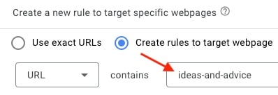 Screenshot of the Google Ads admin box for targeting "ideas-and-advice" Screenshot of the Google Ads admin box for targeting "ideas-and-advice"