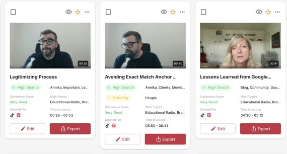 Screenshot of three clips (Ann Smarty and another person) extracted from an extended interview. Screenshot of three clips (Ann Smarty and another person) extracted from an extended interview.