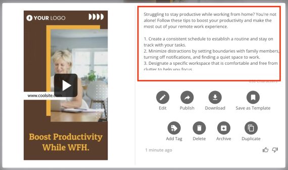 Example social media post from Predis.ai from the prompt "How to improve productivity when working from home." Example social media post from Predis.ai from the prompt "How to improve productivity when working from home."