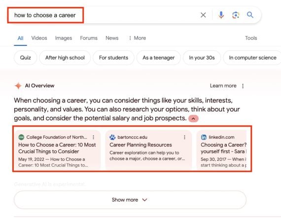 Screenshot of SERPs for "how to choose a career" as seen by public, non-Labs searchers Screenshot of SERPs for "how to choose a career" as seen by public, non-Labs searchers