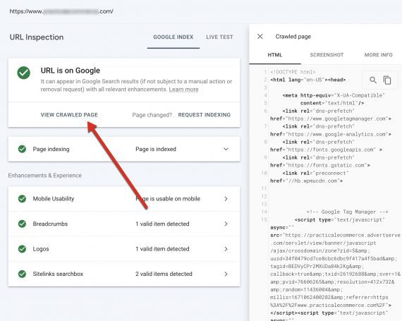 Screenshot of URL Inspection tool in Search Console. Screenshot of URL Inspection tool in Search Console.
