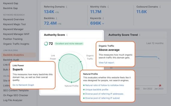 Screenshot of an Authority Score screen from Semrush Screenshot of an Authority Score screen from Semrush