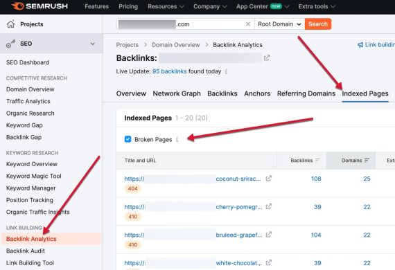 Screenshot of Semrush's "Broken links" report Screenshot of Semrush's "Broken links" report
