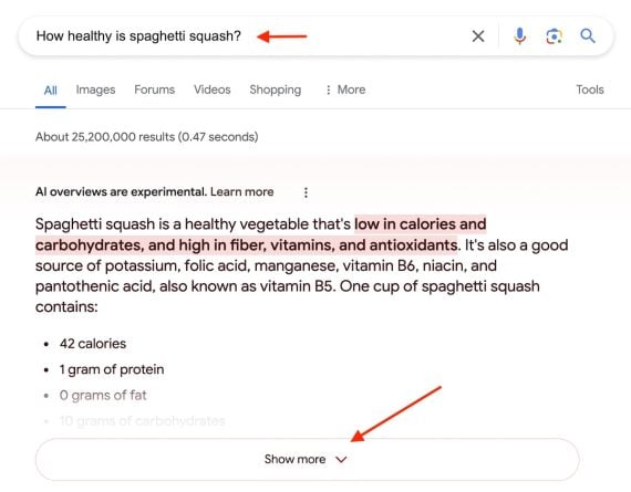 Screenshot of an instant SGE answer for "How healthy is spaghetti squash?" Screenshot of an instant SGE answer for "How healthy is spaghetti squash?"