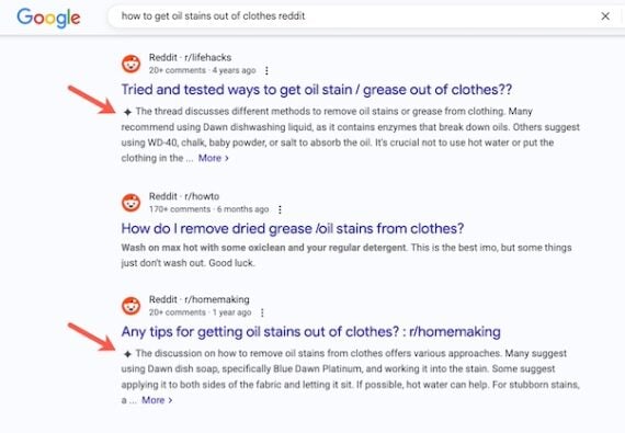 Screenshot of AI snippets for "how to get oil stains out of clothes" Screenshot of AI snippets for "how to get oil stains out of clothes"