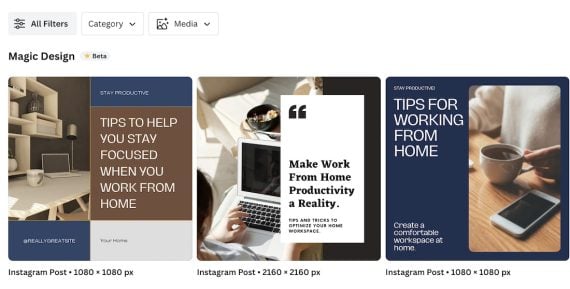 Screenshot from Canva of three social media posts from the prompt "How to improve productivity when working from home." Screenshot from Canva of three social media posts from the prompt "How to improve productivity when working from home."