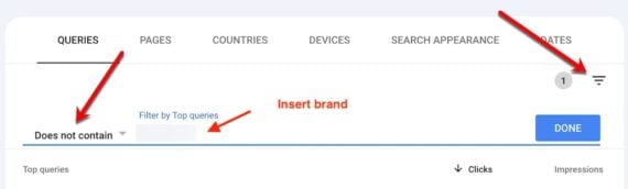 Screenshot of Search Console page showing the filter