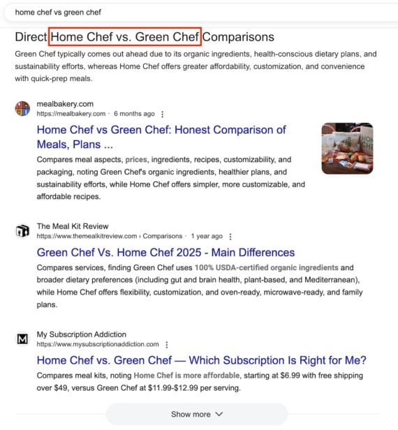 List of websites comparing Home Chef and Green Chef Google search results page for “home chef vs green chef,” summarizing comparison content. Featured results from meal websites and review sites discuss differences in meal plans, pricing, ingredients, and dietary options between Home Chef and Green Chef. A food photo is shown next to one of the listings.