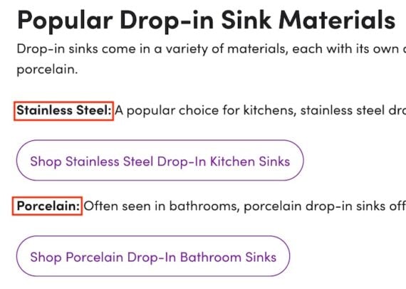 Screenshot of the section in Wayfair's article linking to stainless steel and porcelain product pages. Screenshot of the section in Wayfair's article linking to stainless steel and porcelain product pages.