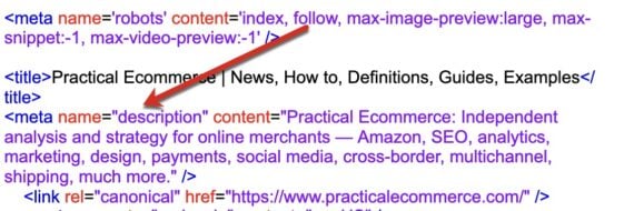 Screenshot of Practical Ecommerce's home page meta description. Screenshot of Practical Ecommerce's home page meta description.