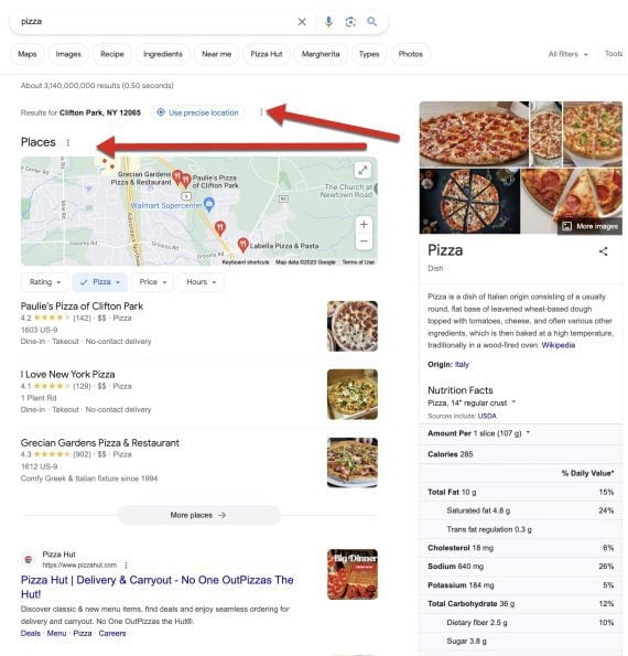 Screenshot of a "pizza" search Screenshot of a "pizza" search