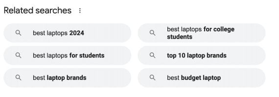 Screenshot for "Related searches" for "best laptop" query. Screenshot for "Related searches" for "best laptop" query.