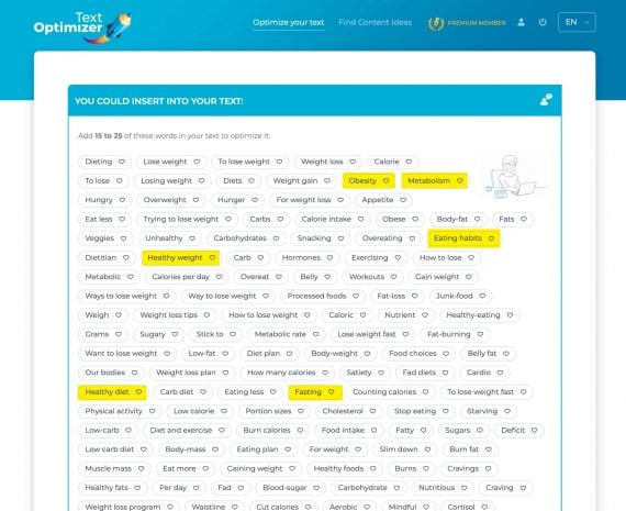 Screenshot of Text Optimizer results for "dieting" Screenshot of Text Optimizer results for "dieting"