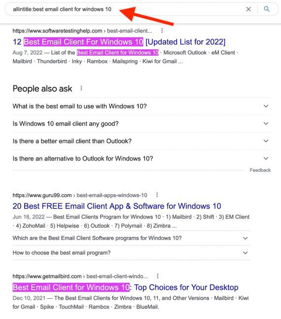 Screenshot of Google search results for "allintitle:best email client for windows 10" Screenshot of Google search results for "allintitle:best email client for windows 10"