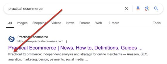 Screenshot of the meta description for Practical Ecommerce’s home page in Google’s search results. Screenshot of the meta description for Practical Ecommerce’s home page in Google’s search results.