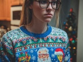 Female wearing an ugly Christmas sweater