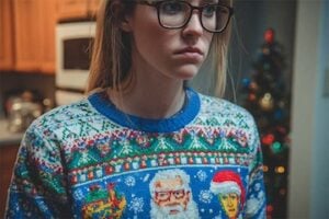 Female wearing an ugly Christmas sweater
