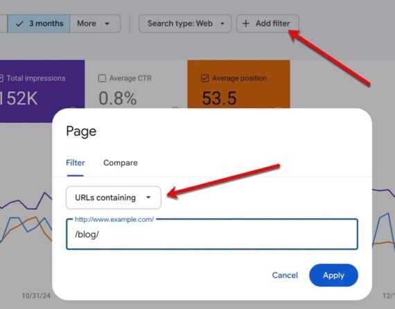 Screenshot showing the filter to specify specific pages
