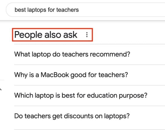 Screenshot of "People also ask" for "best laptops for teachers." Screenshot of "People also ask" for "best laptops for teachers."