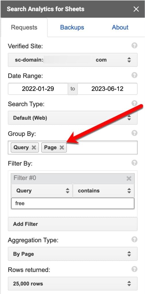 Screenshot of the export/filter tab in the "Search Analytics for" app