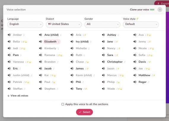Screenshot of Fliki page to select a voice.