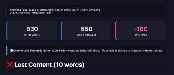 Screenshot of the report from AI Eyes SEO analysis report from AI Eyes for Smarty Marketing webpage showing word counts with and without JavaScript. 830 words with JS, 650 words without, difference of -180. Message highlights content loss of 180 words hidden from crawlers when JavaScript is disabled.