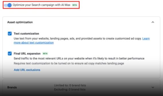 Screenshot of AI Max settings in Google Ads admin