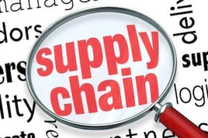 Illustration of a "Supply chain" word cloud behind a magnifying glass